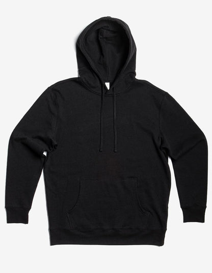 A plain black hoodie with a front pocket and drawstrings on a white background.