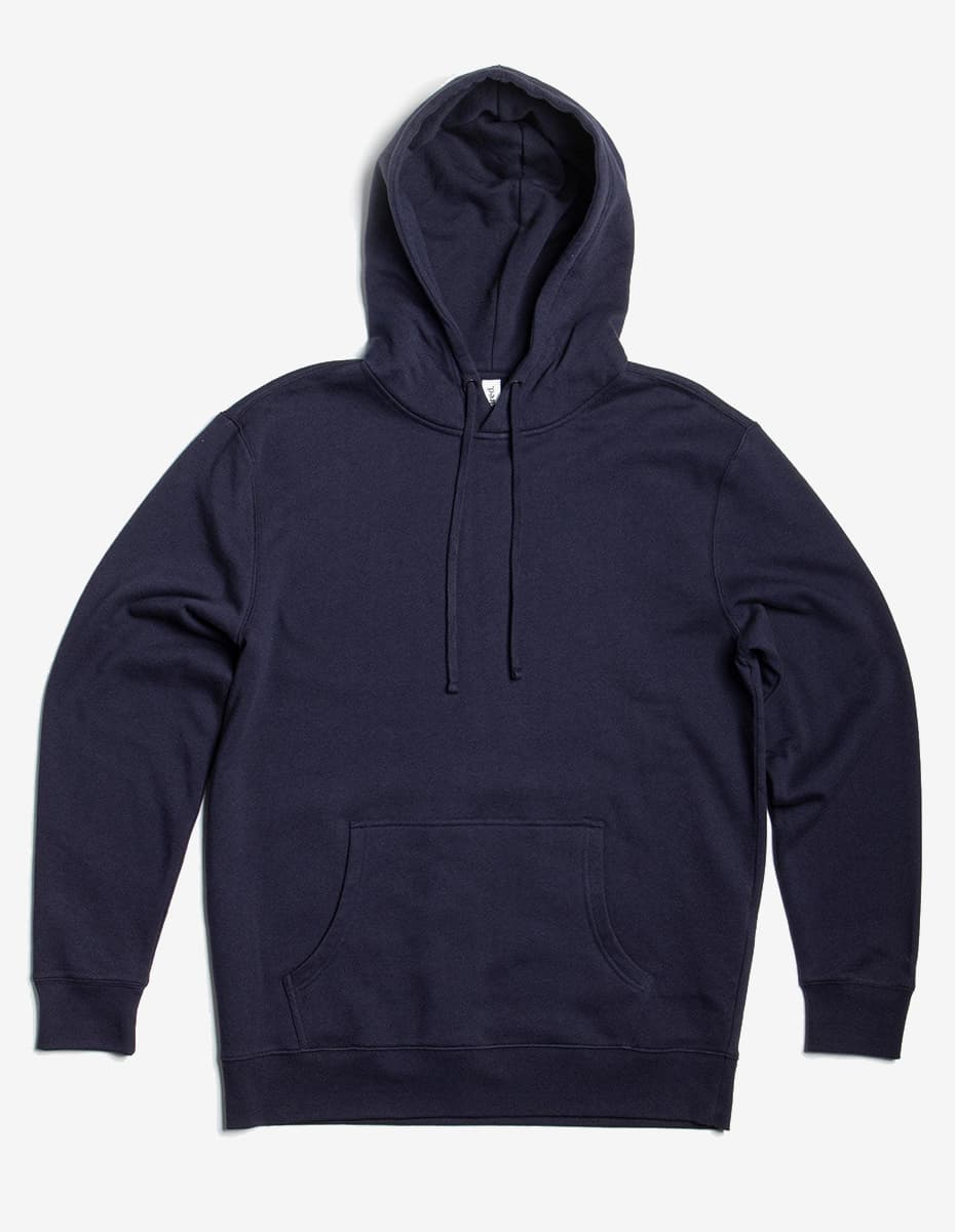 Navy blue hoodie with a kangaroo pocket and drawstring hood laid flat on a plain white background.