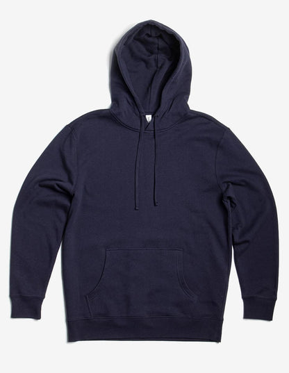 Navy blue hoodie with a kangaroo pocket and drawstring hood laid flat on a plain white background.