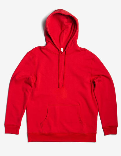 Red hoodie with drawstrings and front pocket on a white background.