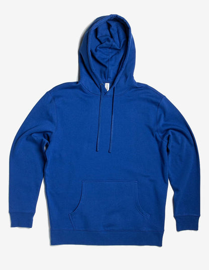 Blue hoodie with a front pocket and drawstrings, laid flat on a plain white background.