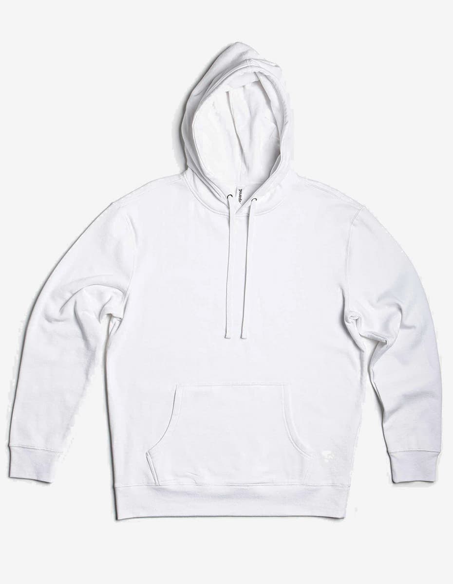 White hoodie with a front pocket and drawstrings, laid flat on a white background.