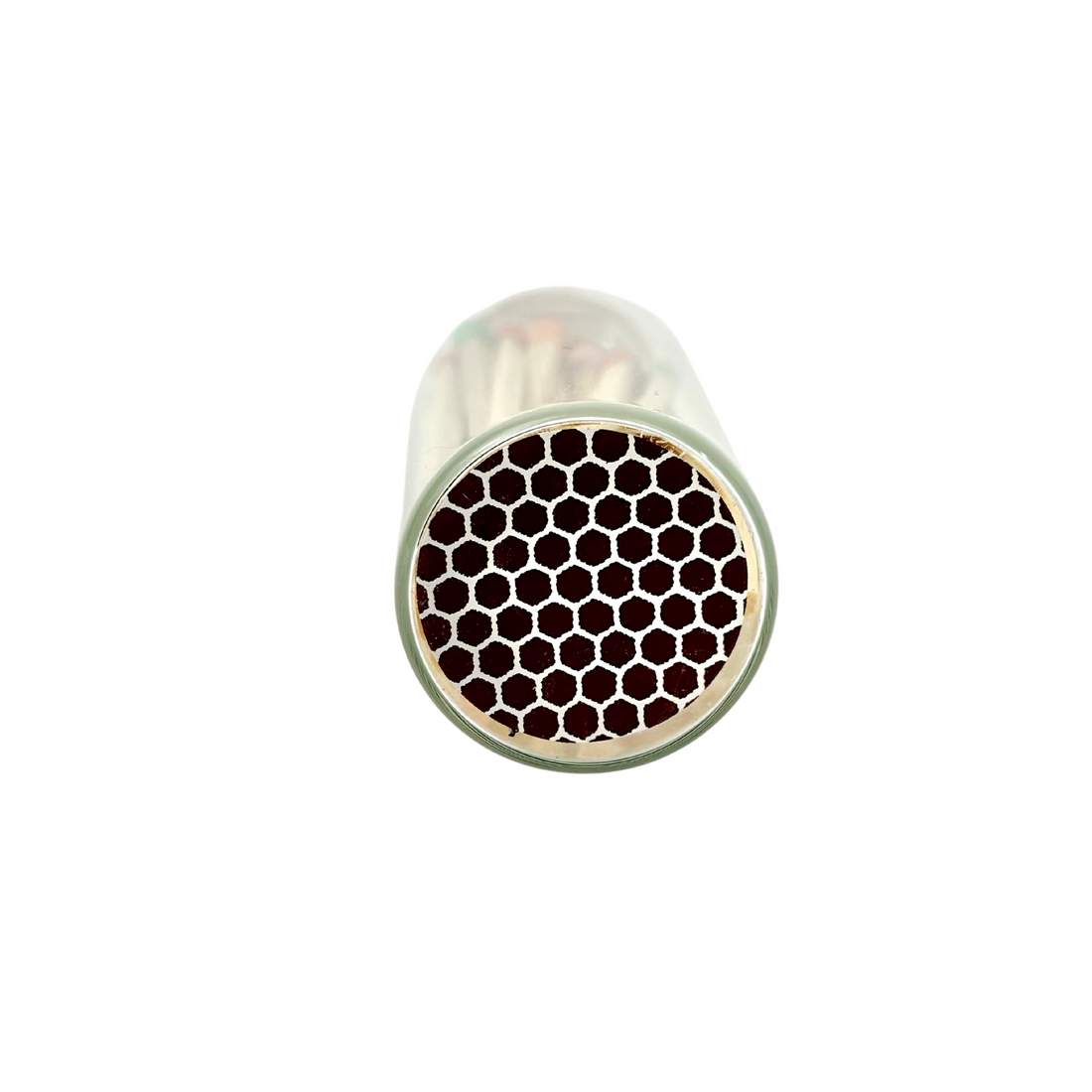 Clear tube with a hexagonal honeycomb pattern on one end, surrounded by a metal rim.