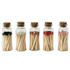Five corked glass jars with matches: black, white, multicolored, red, pink tips.