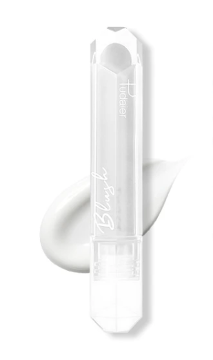 Clear hexagonal lip gloss tube on white cream smear background.