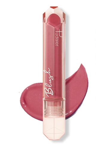 Pink lip gloss with hexagonal cap on a smeared, glossy pink background. White text on tube.