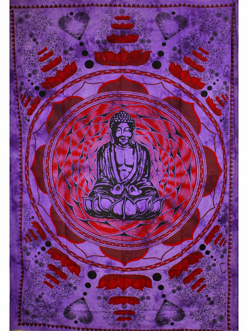 Buddha in lotus position with red mandala on purple background, surrounded by abstract patterns.