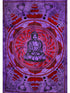 Buddha in lotus position with red mandala on purple background, surrounded by abstract patterns.