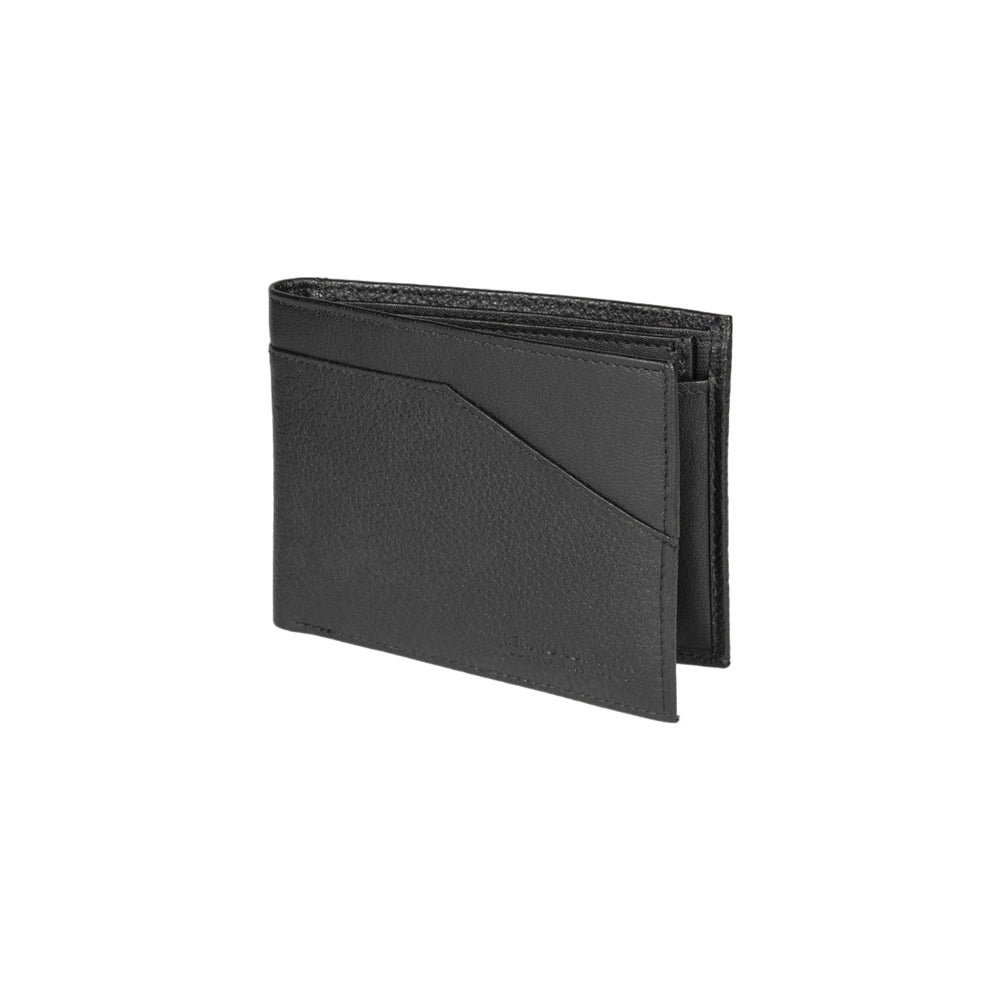 Black leather wallet with a sleek design, featuring multiple sections and a textured surface.