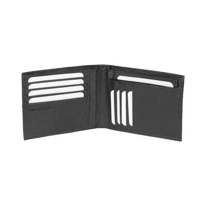 Black RFID-protected wallet, open with multiple card slots filled with white cards.