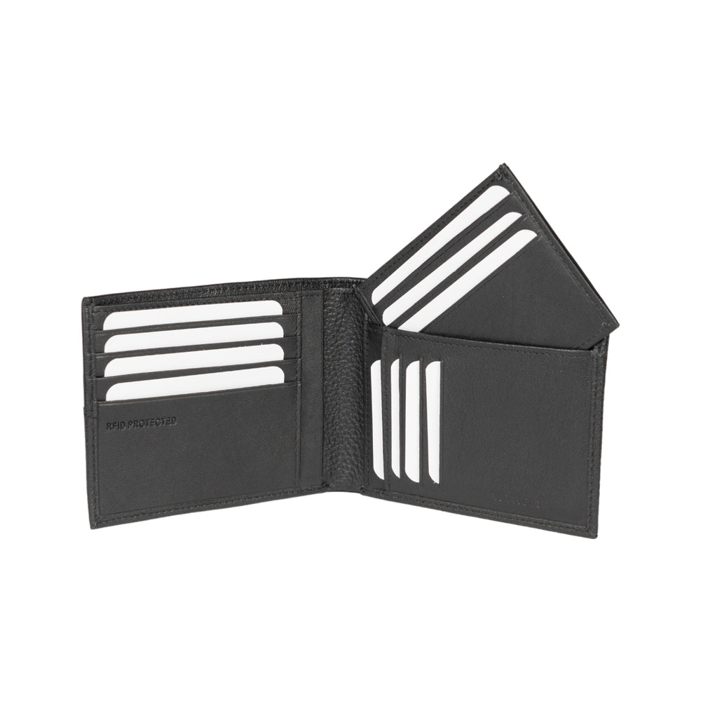 Black leather wallet, open, with multiple card slots filled with white cards.