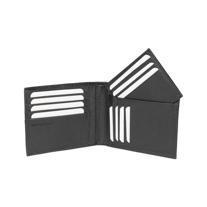 Black leather wallet, open, with multiple card slots filled with white cards.