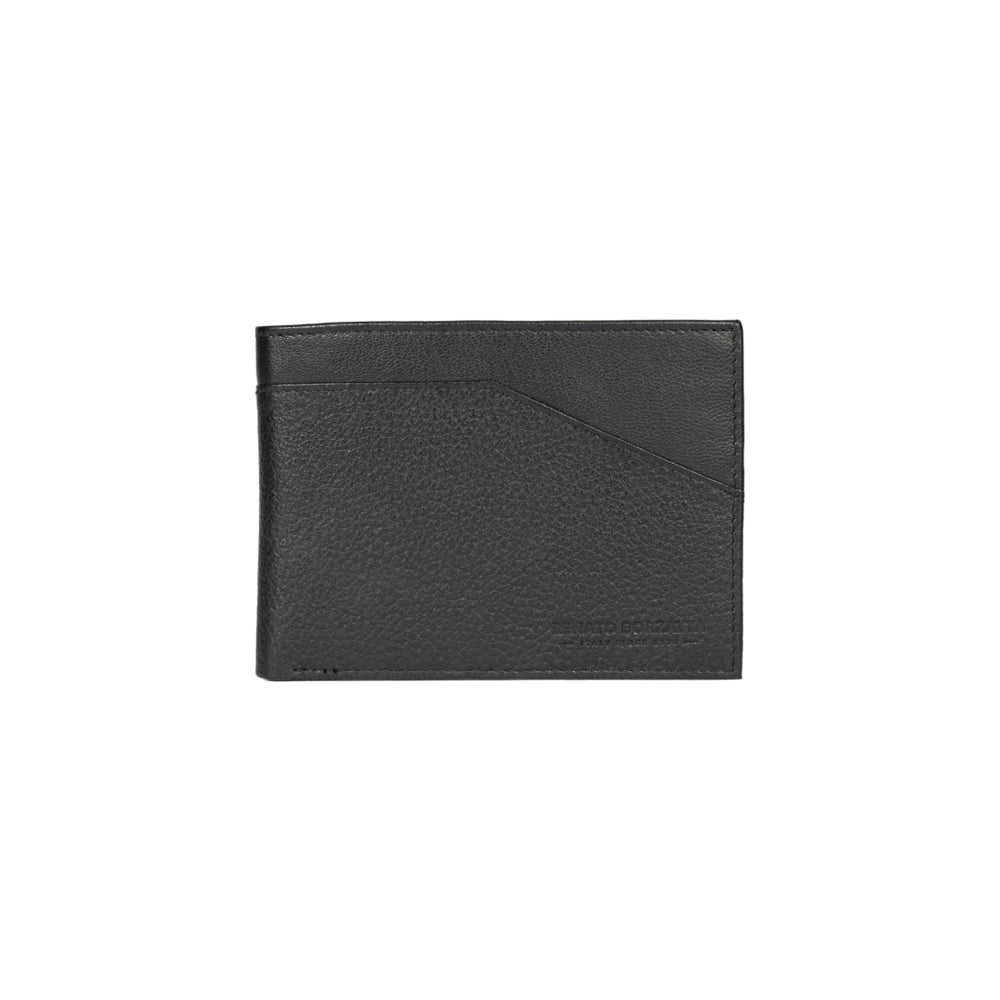 Black leather wallet with a textured finish and a diagonal card slot on the front.
