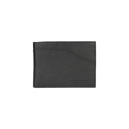 Black leather wallet with a textured finish and a diagonal card slot on the front.