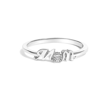 Silver ring with the word "Mom" and a small diamond set in the center.