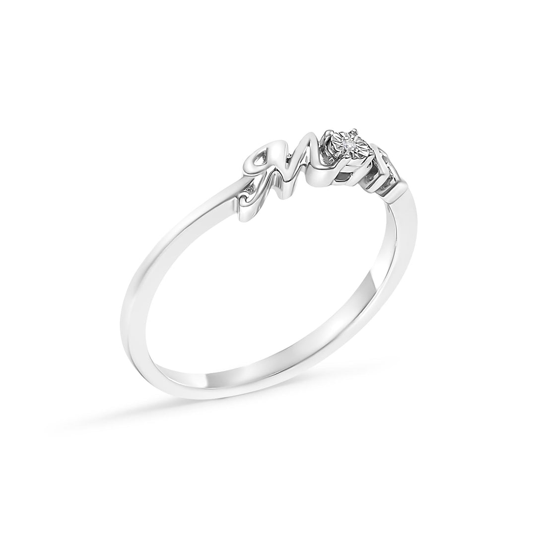 Silver ring with cursive "Mom" text and a small diamond accent on a white background.
