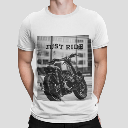 White t-shirt with a black-and-white motorcycle photo and "Just Ride" text on the chest.
