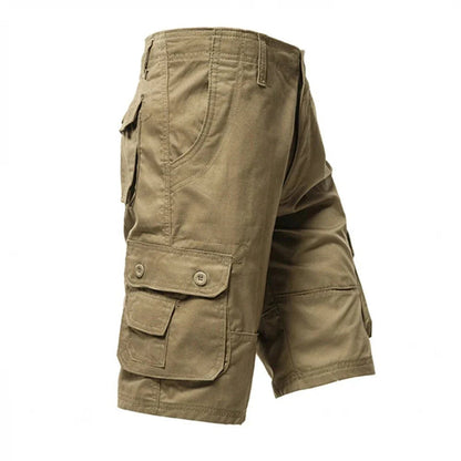 Khaki cargo shorts with multiple pockets, button closures, and a relaxed fit.