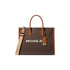 Brown handbag with tan straps, gold hardware, and "Michael Kors" text. Monogram pattern.