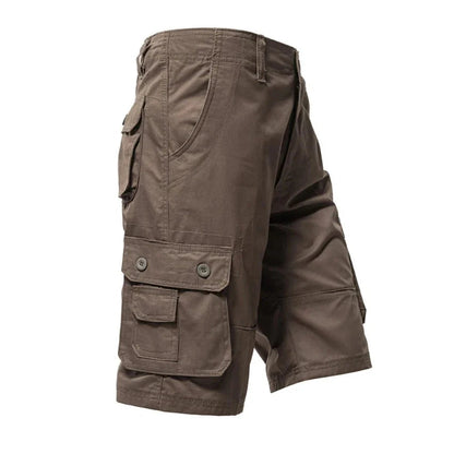 Brown cargo shorts with front and side pockets, two buttoned flaps, and belt loops.