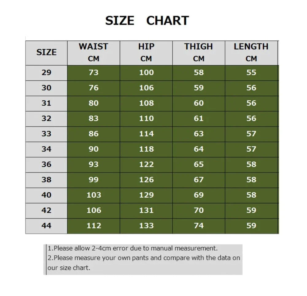 Size chart with green rows for waist, hip, thigh, and length in centimeters from size 29-44.