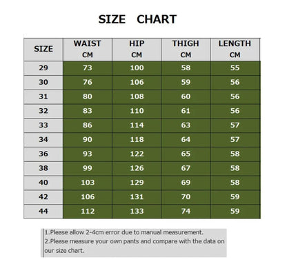 Size chart with green rows for waist, hip, thigh, and length in centimeters from size 29-44.