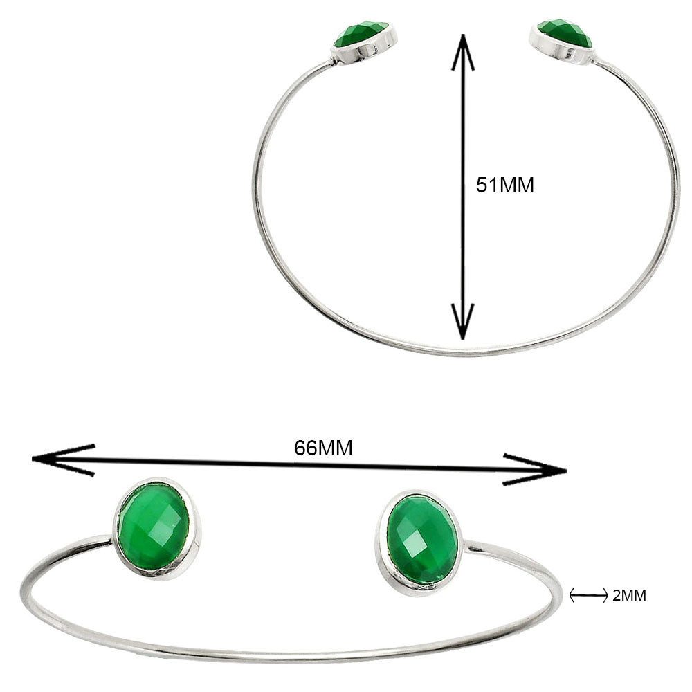 Silver bracelet with green oval gems, 51mm height, 66mm width, 2mm thickness.