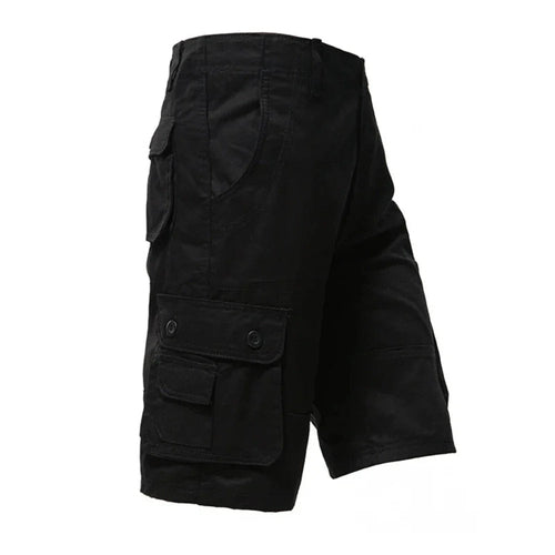 Black cargo shorts with multiple pockets, button closures, and knee-length design.