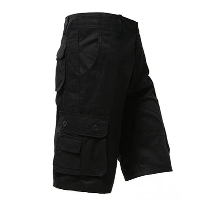 Black cargo shorts with multiple pockets, button closures, and knee-length design.