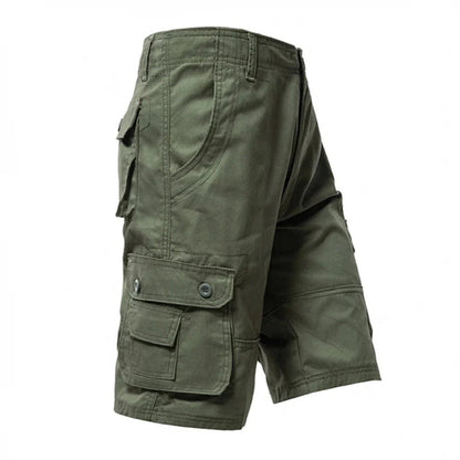 Olive green cargo shorts with multiple pockets and button closures, shown from a side angle.