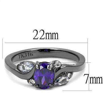 Silver ring with a central purple gemstone, flanked by clear stones; dimensions 22mm by 7mm.
