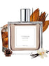 Clear perfume bottle with silver cap. Vanilla flower, pine cone, drink, and tobacco leaves surround it.