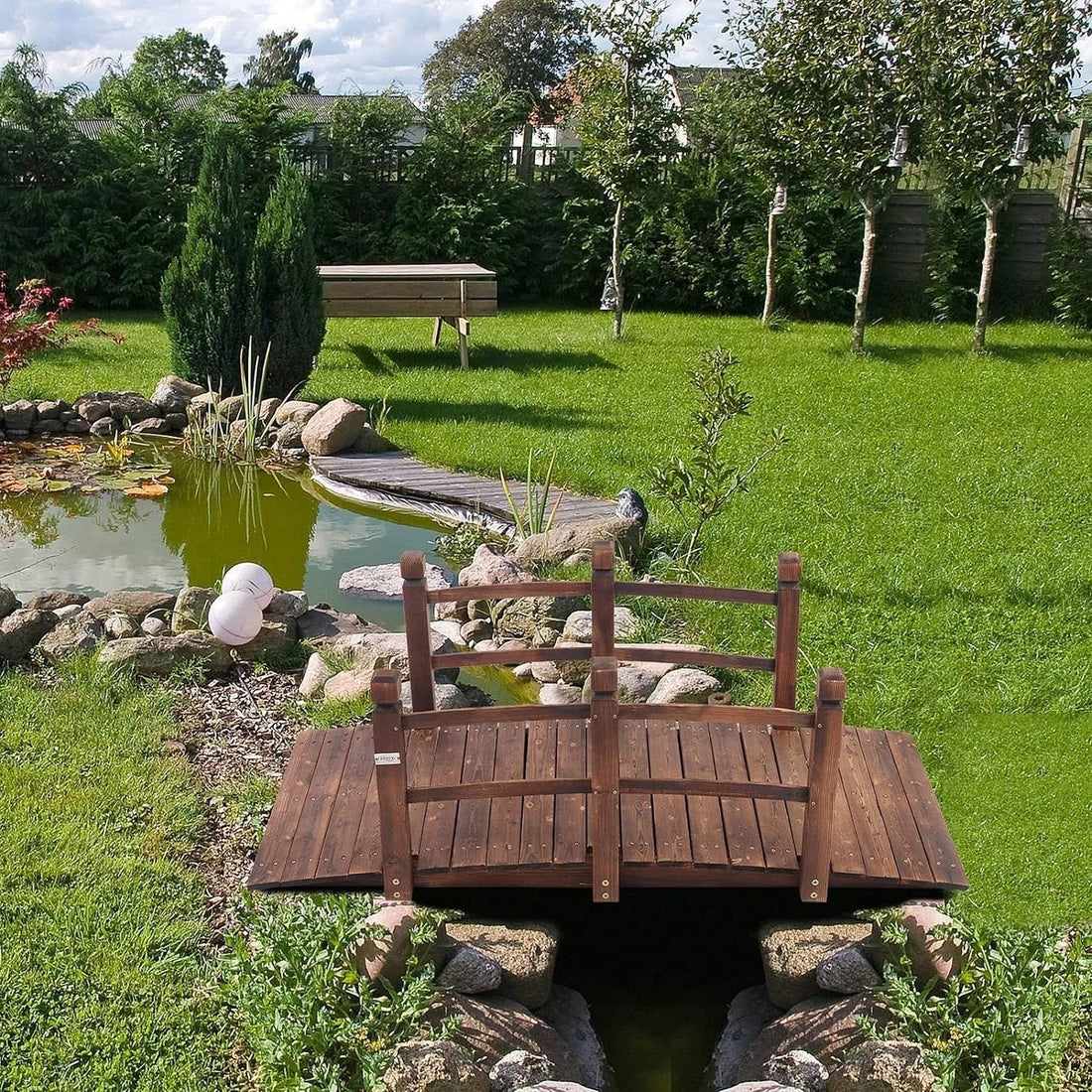 Outdoor 5-foot Solid Fir Wood Garden Bridge in Rustic Brown Finish-0