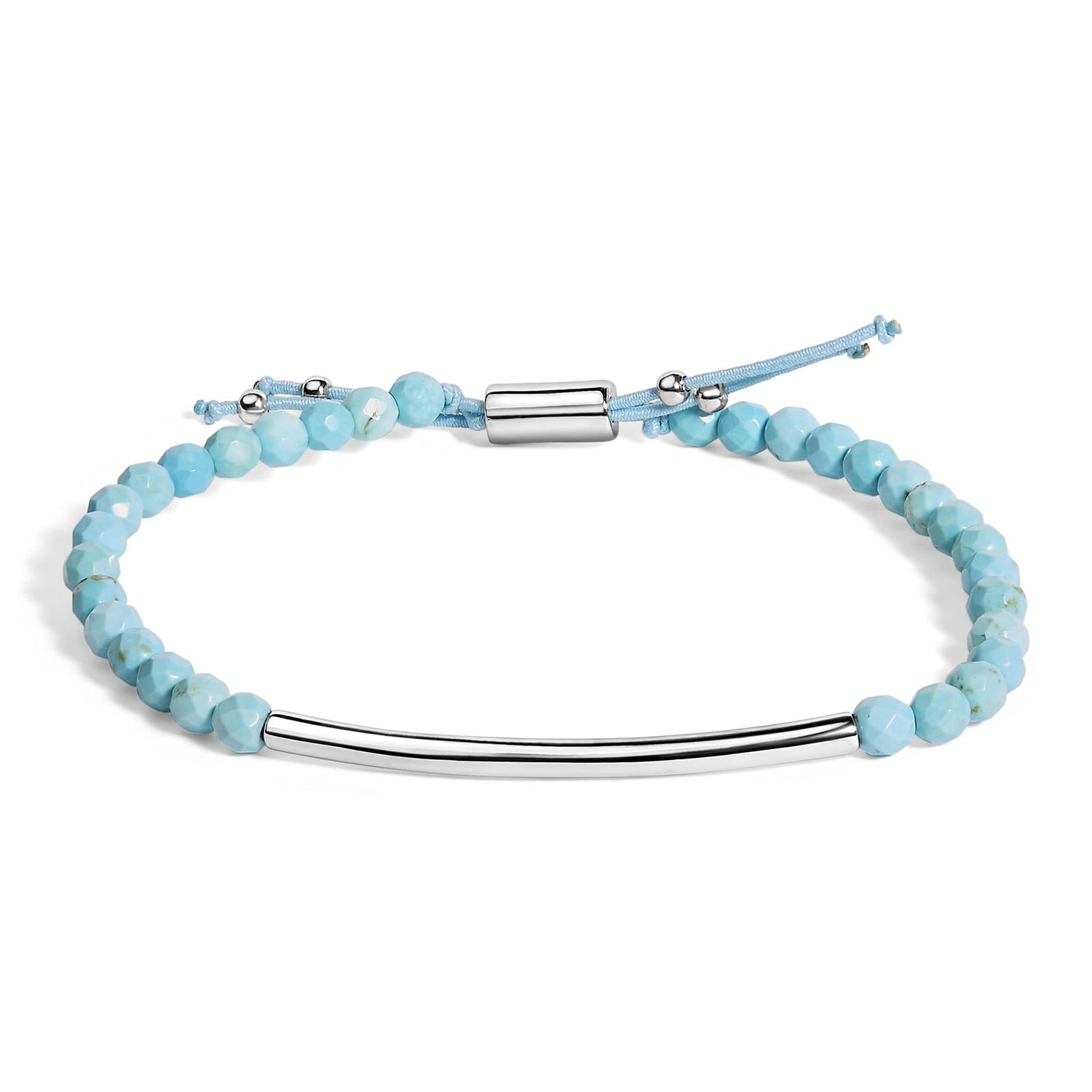 Silver bar bracelet with faceted light blue beads and adjustable cord.