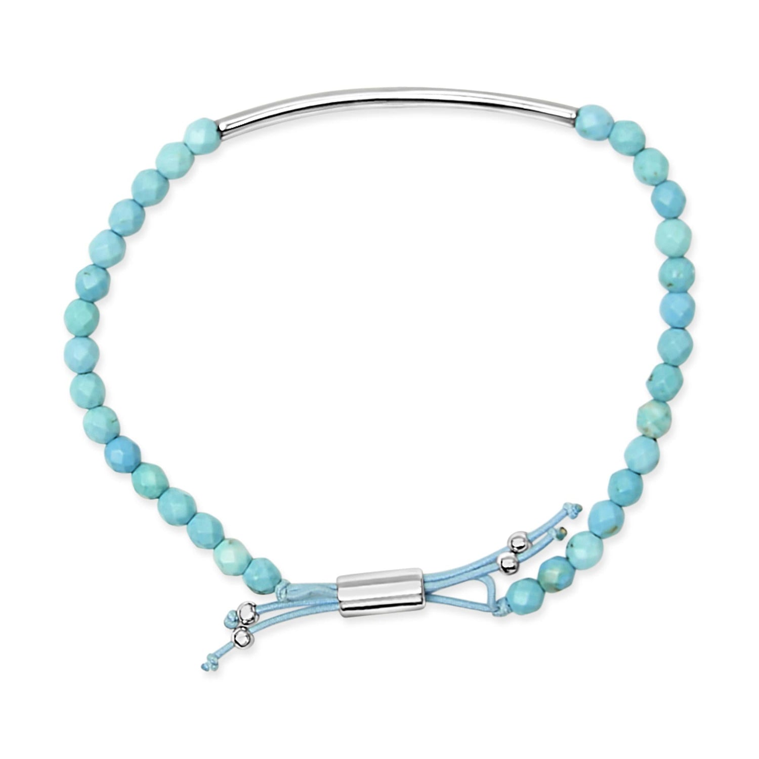 Turquoise beaded bracelet with a silver bar and adjustable clasp on a light blue cord.
