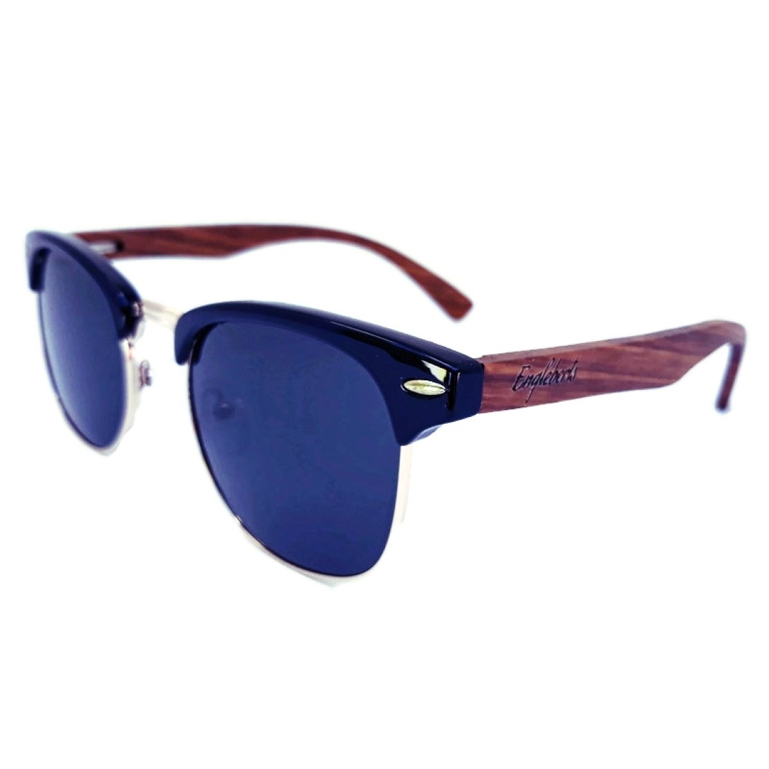 Blue-lensed sunglasses with dark frames and wooden arms, featuring subtle metallic accents.