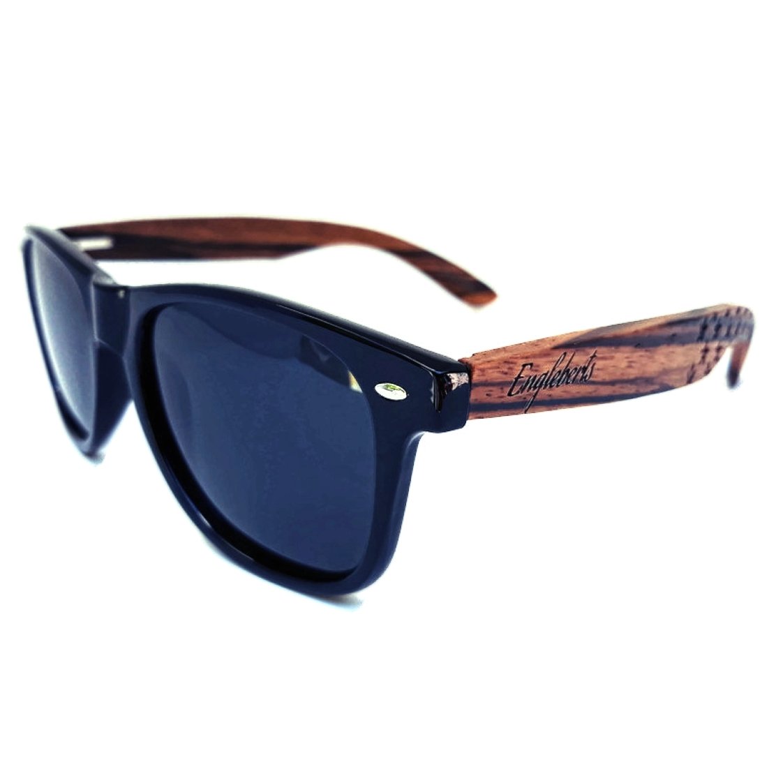 Black sunglasses with dark lenses and brown wooden arms.