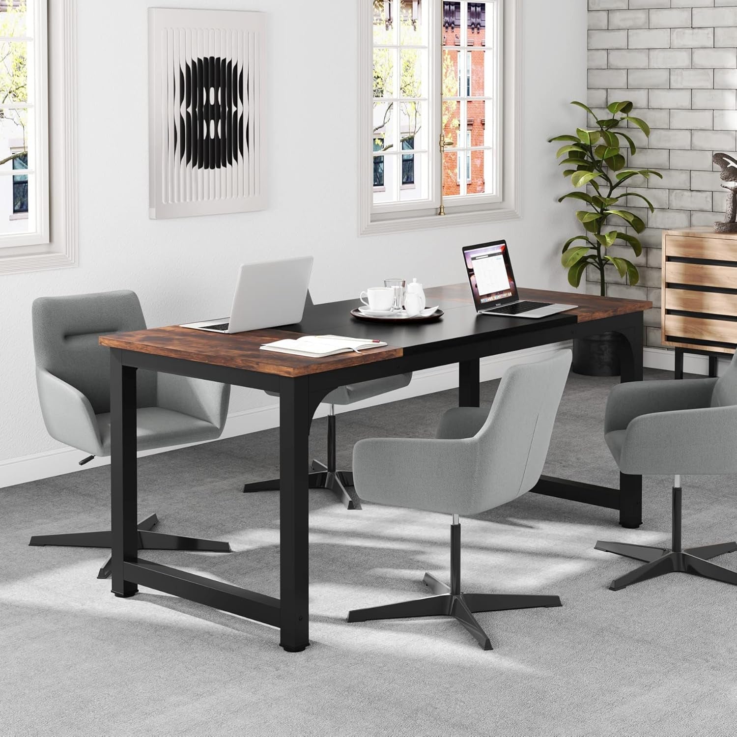 63 Inch Executive Desk Two Tone Brown Black Heavy Duty Frame-2
