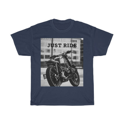 Navy blue T-shirt with a black-and-white motorcycle image and "JUST RIDE" text above it.