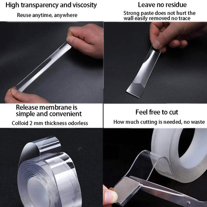 Clear adhesive tape, hands holding strips, easy to cut, thick roll shown against black background.