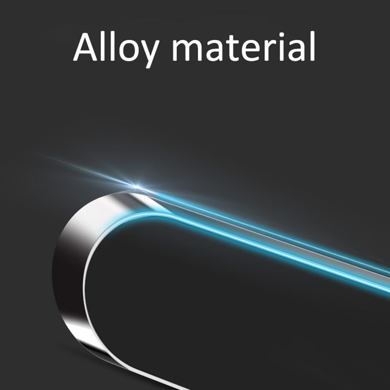 Curved silver alloy with blue light on dark gray background, "Alloy material" text above.