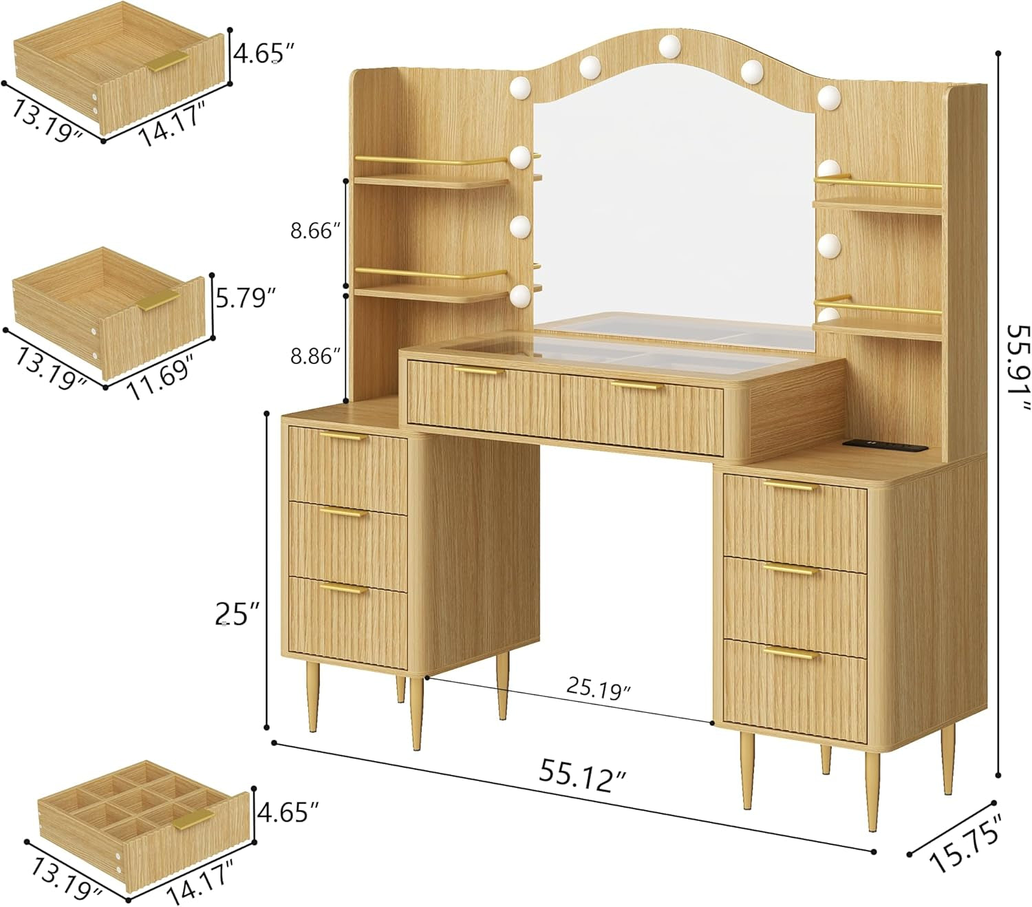 Fifty FiveInch Oak Vanity Desk With Mirror Lighting-1
