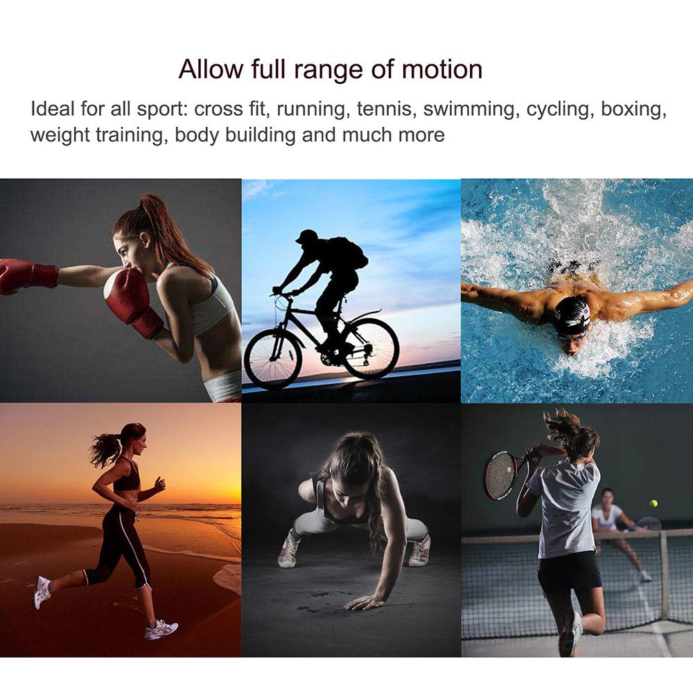 Collage of athletes: boxer, cyclist, swimmer, runner, push-up, tennis player in action.