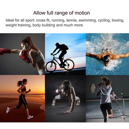 Collage of athletes: boxer, cyclist, swimmer, runner, push-up, tennis player in action.