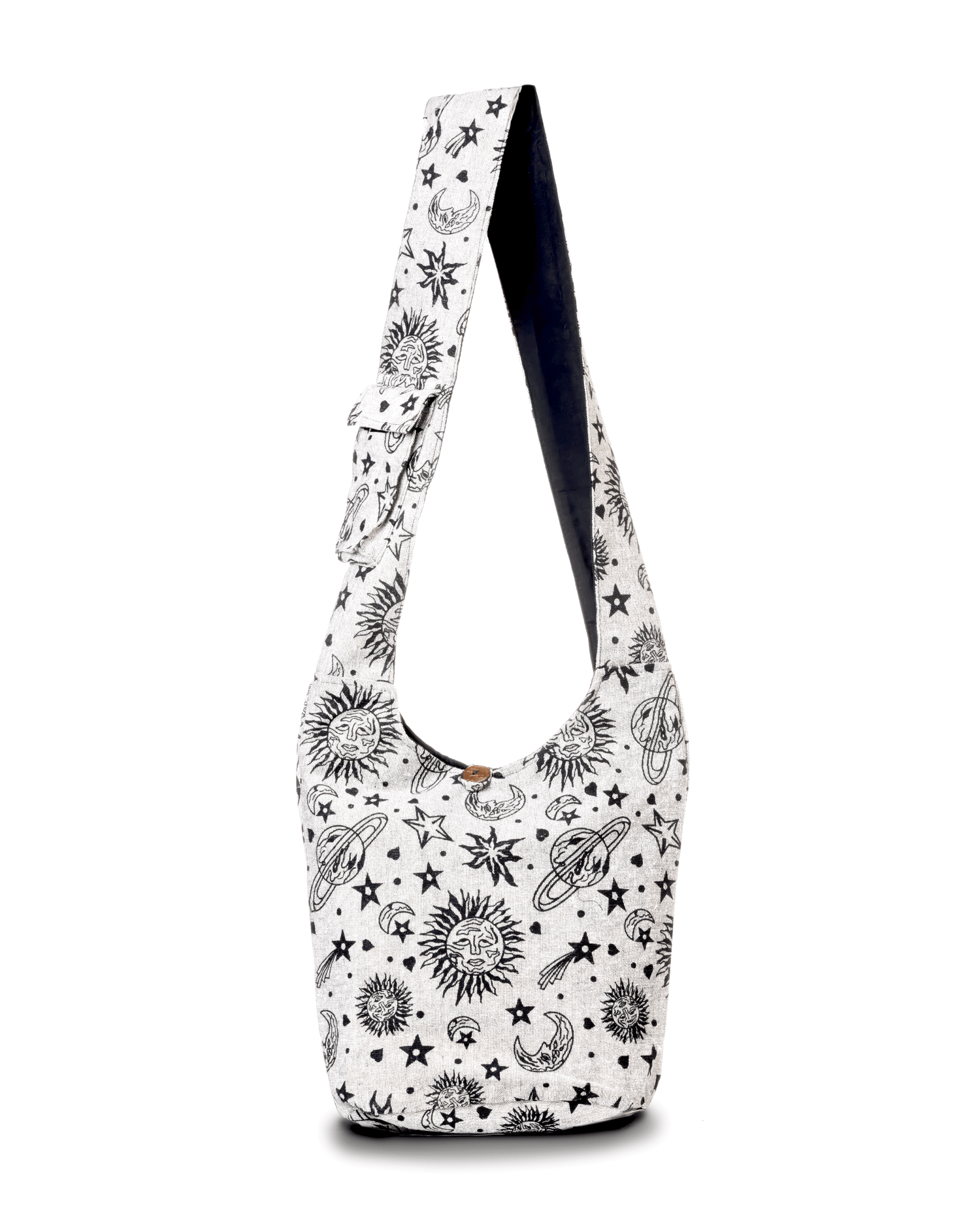White hobo bag with black celestial designs of suns, moons, and stars.