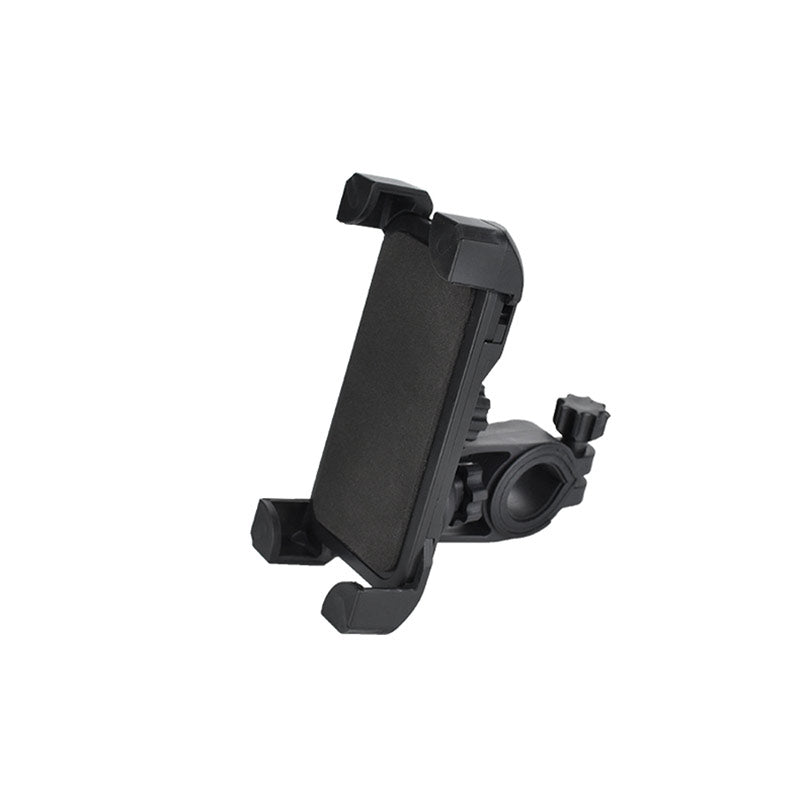 Black phone mount with adjustable clamp and rotating mechanism on a white background.