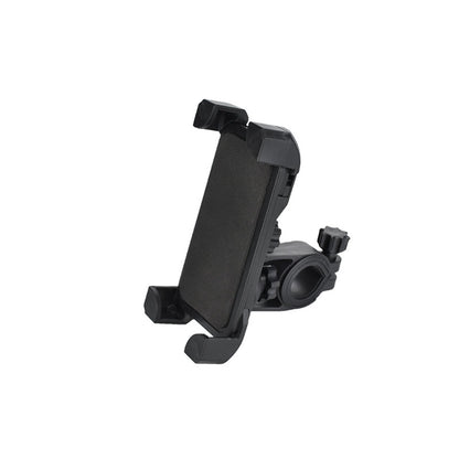 Black phone mount with adjustable clamp and rotating mechanism on a white background.