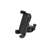 Black phone mount with adjustable clamp and rotating mechanism on a white background.