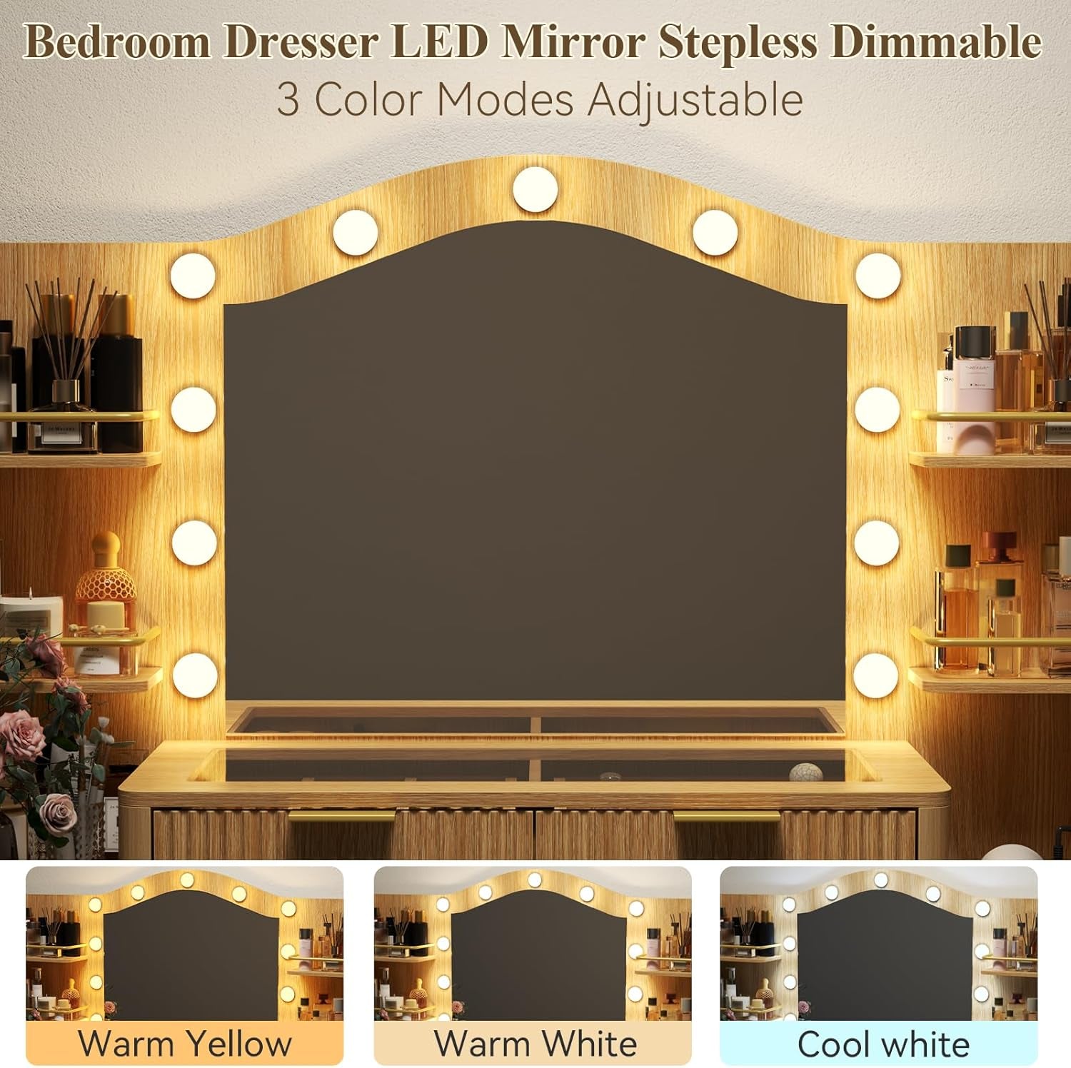 Fifty FiveInch Oak Vanity Desk With Mirror Lighting-4