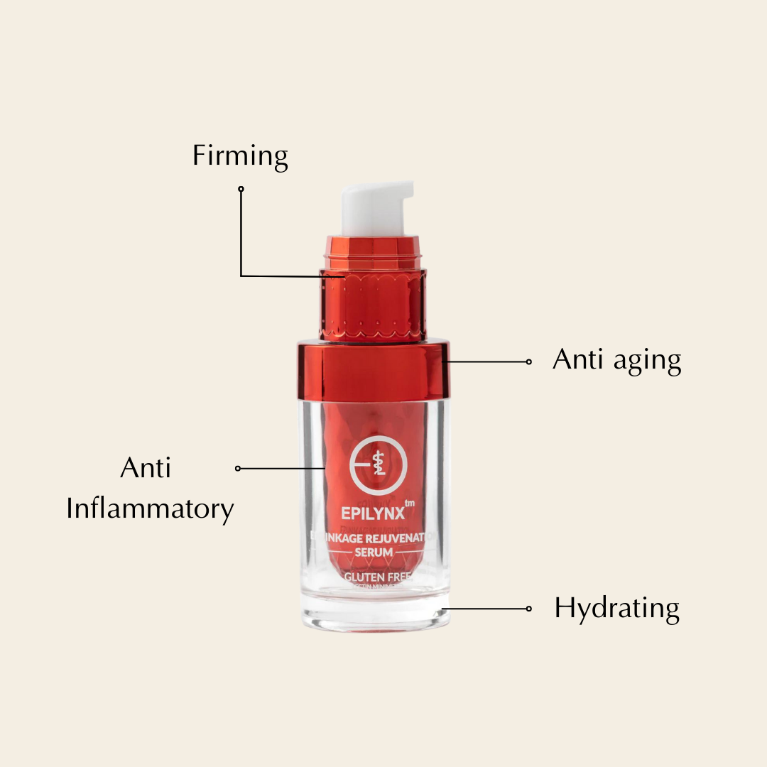 Transparent bottle with red pump, "EpiLynx" label and text noting firming, anti-aging benefits.